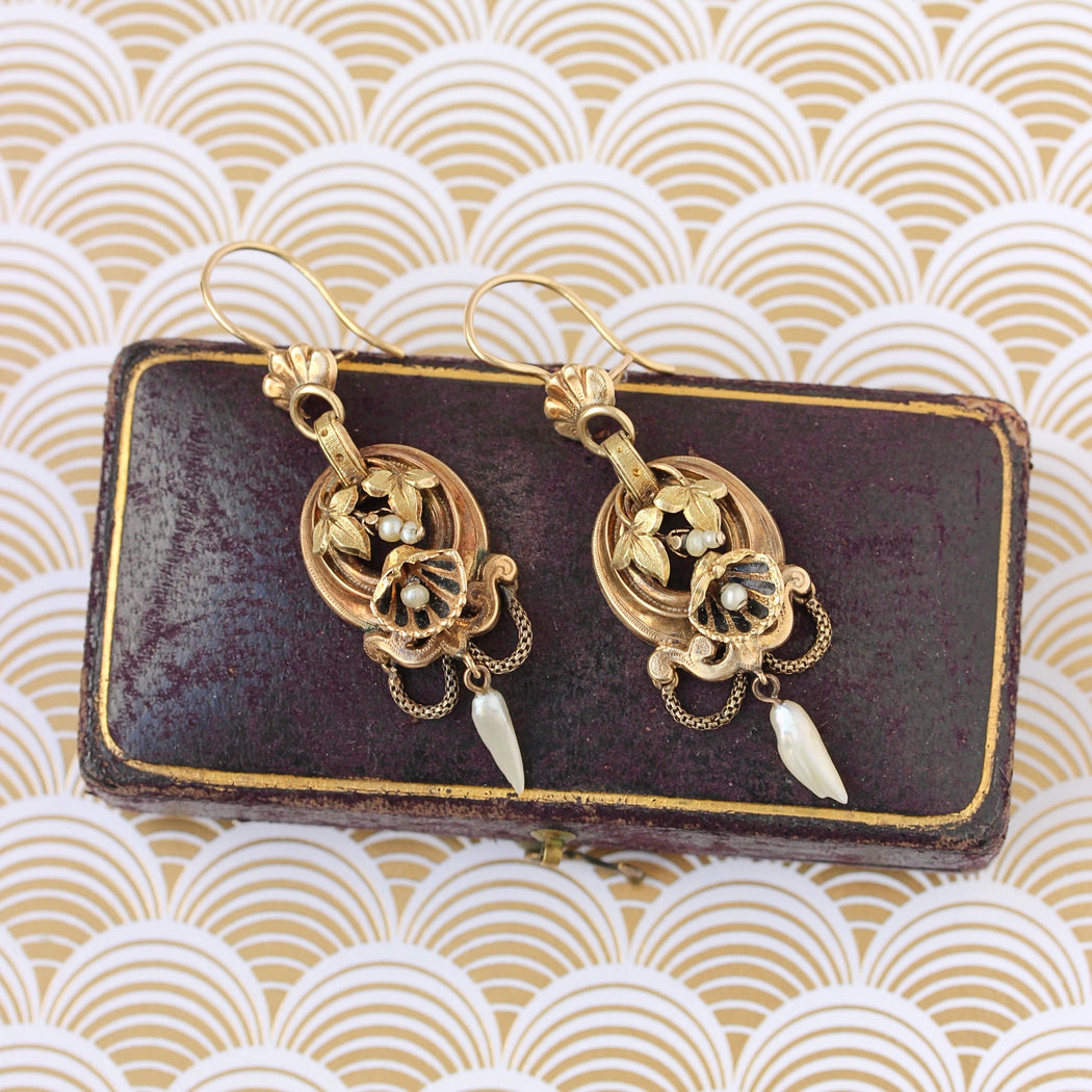Vintage Laurel Burch Large Tian-Tsui (點翠) Flower Gold-Plate Earrings