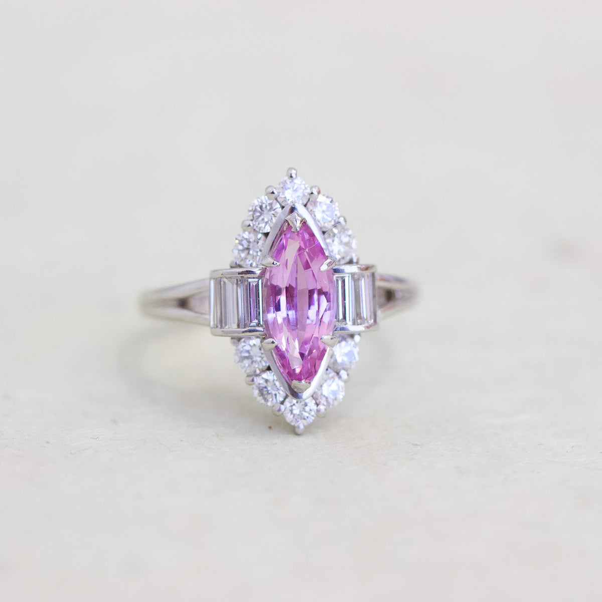 Pink 2754 Pink Sapphire Marquise & Diamond Surround Ring, Platinum — Mary Ann-tiques